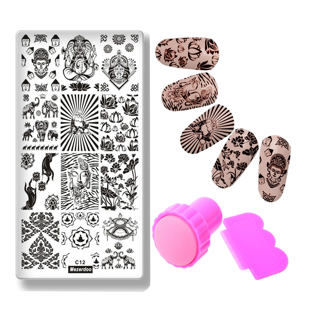 

DIY National Style Indians Nail Polish Template Image Plate + Stamper Scraper Set The Buddha Lotus Designs Nail Art Image Plate
