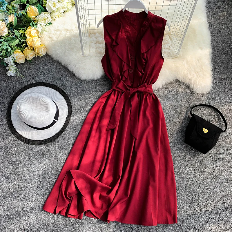 

2019 Women Spring Summer Lace Up Bandage V-neck Sleeveless Dress Casual Elastic Pullover Slim High Waist Irregular Ruffles Dress