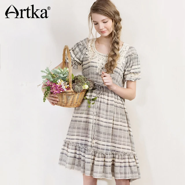 ARTKA Лето 2018 г. Новый для женщин хлопок А-силуэт круглый средства ухода за кожей шеи кружево тонкая талия большой качели короткий