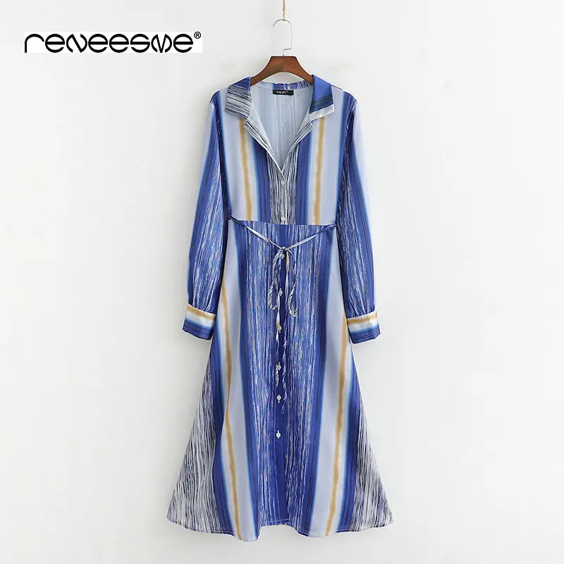 

vintage 2019 new spring summer women dress long sleeve v neck striped a line sashes ladies dresses mid-calf chic casual vestidos