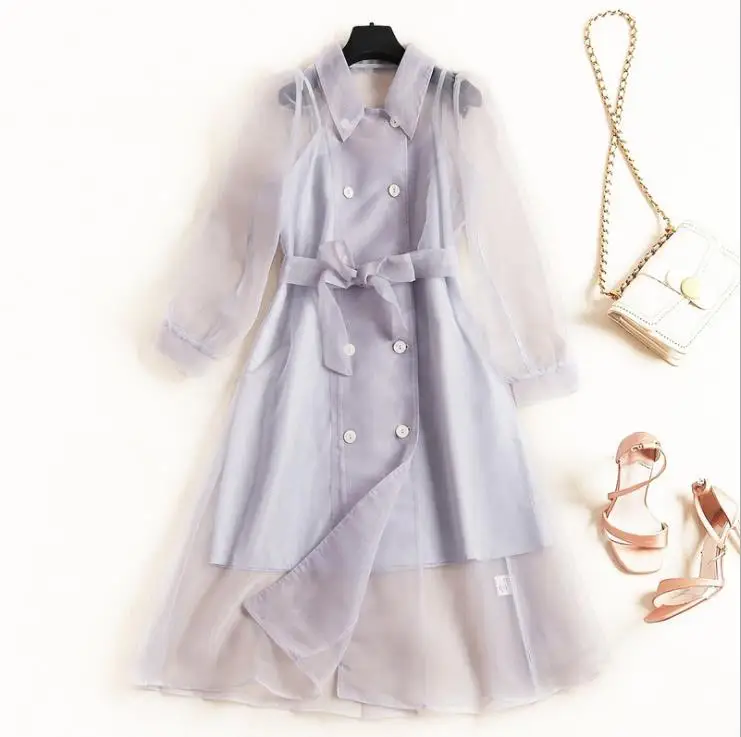

European and American women's summer 2019 new style Long sleeve double breasted organza Trench coat