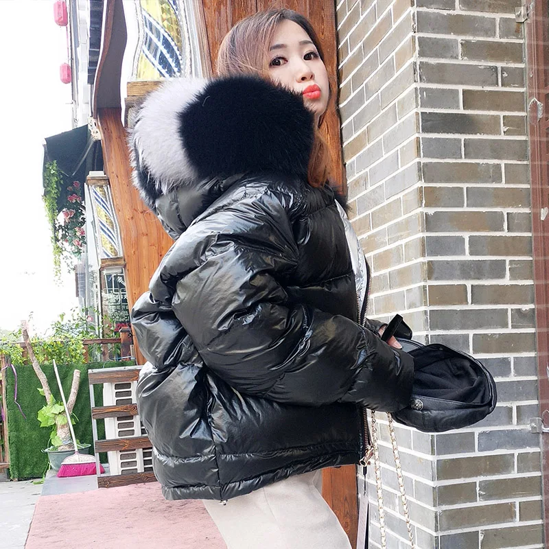Двухсторонняя одежда, яркий большой воротник из натурального Лисьего меха, серебряная короткая куртка для женщин, зимняя новая Корейская Толстая парка, пальто для женщин