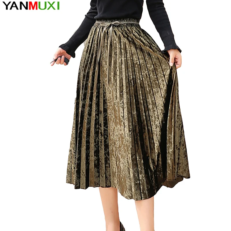 

Spring And Autumn Green Black Gray Solid Color Gold Velvet Pleated Skirt In The Long Section High Waist Wild Slim Woman Skirt