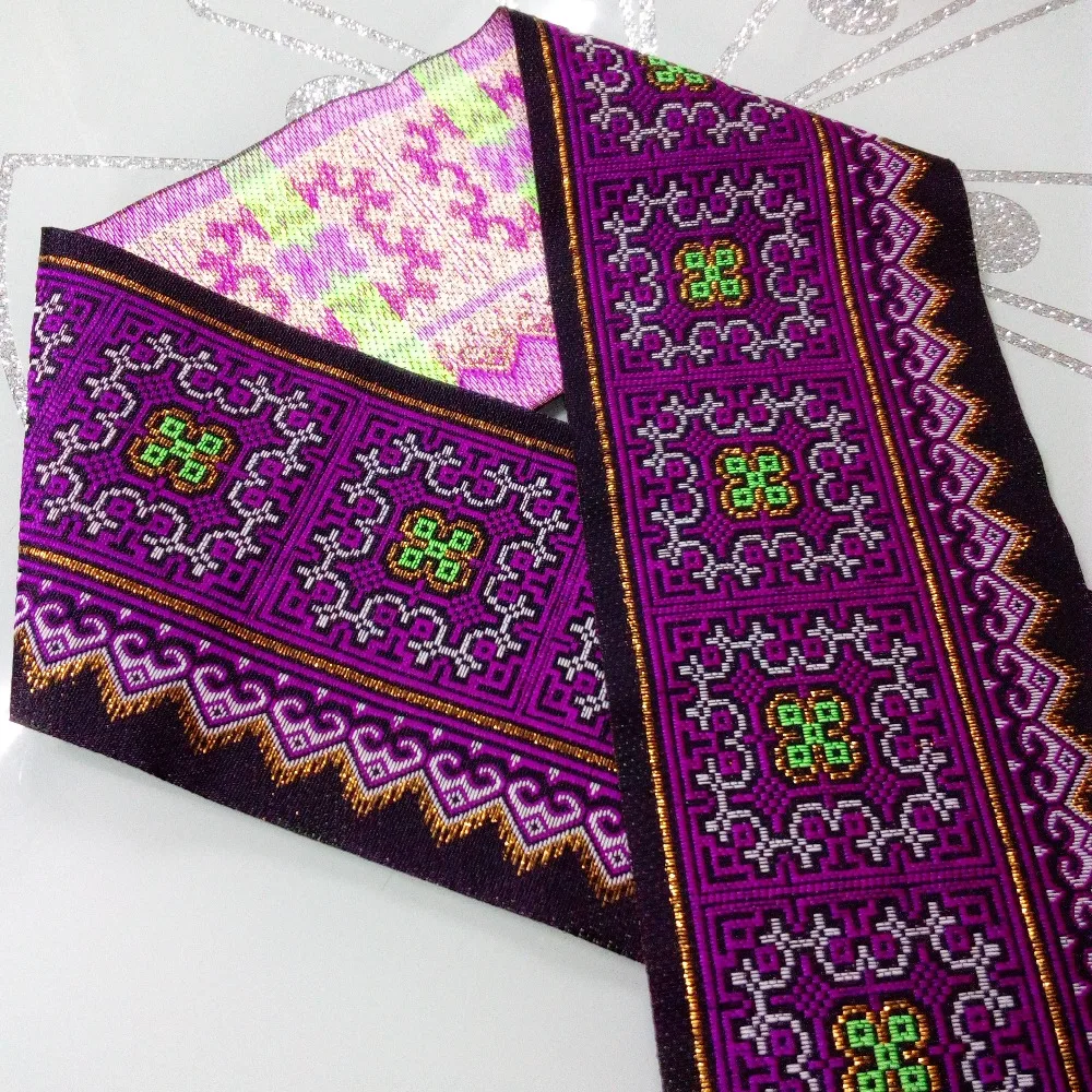 

10cm 4' Miao Symbol Green Gold Filigree Purple Costume Trim Curtain Garment Laciness National Jacquard Webbing Embroidery Ribbon
