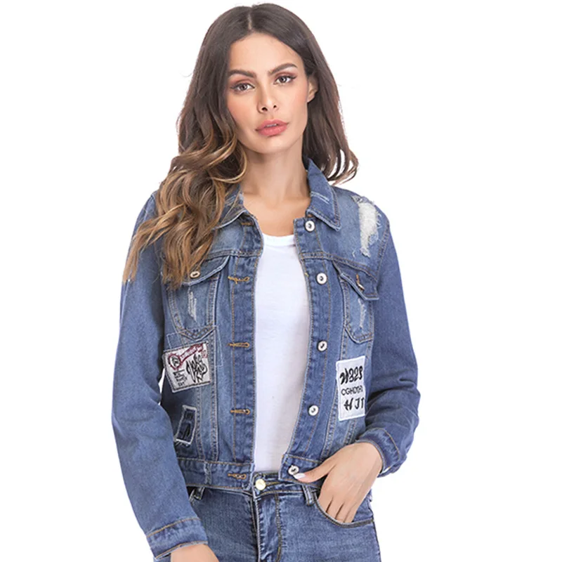 

Rusanranz Autumn Winter 2018 New Short Letter Embroidered Women Denim Jackets Coat