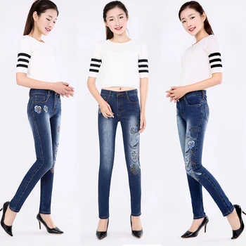 

2019 Best Seller Elastic Skinny High Waist Pencil Pants Women Beautiful Embroidery Jeans Female Plus Size Sweet Casual Trousers