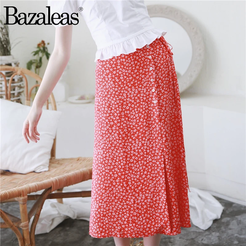 

Vintage Red wrap front midi skirt Fashion floret print skirts Tie waist and buttons at side Women High Waist Skirts Casual