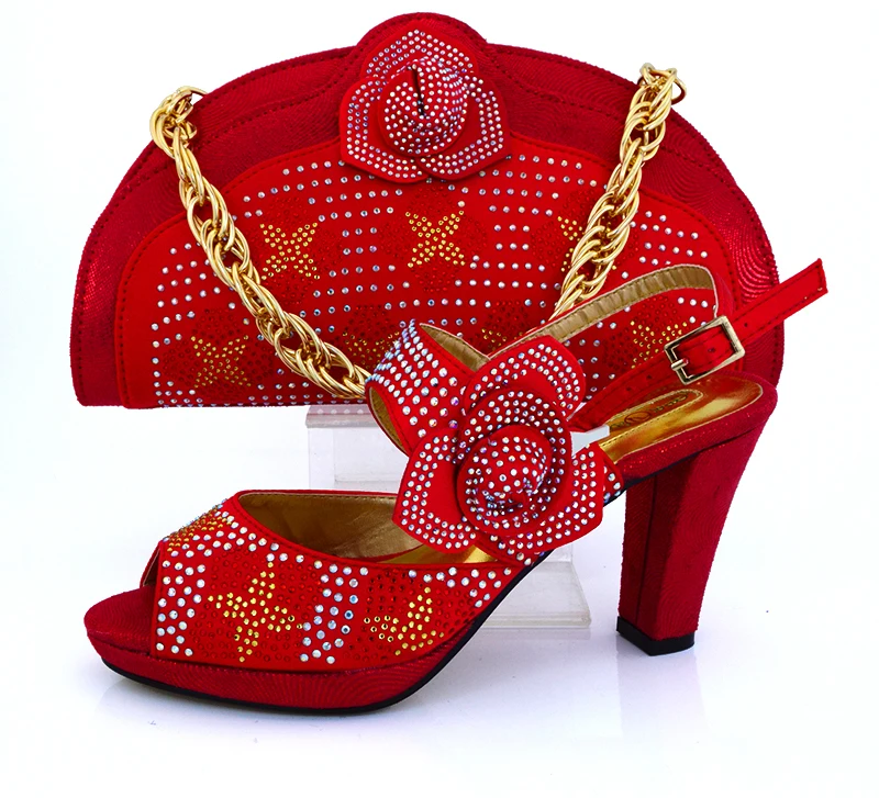 Red sandal shoes matching clutches evening bag with stones flowers