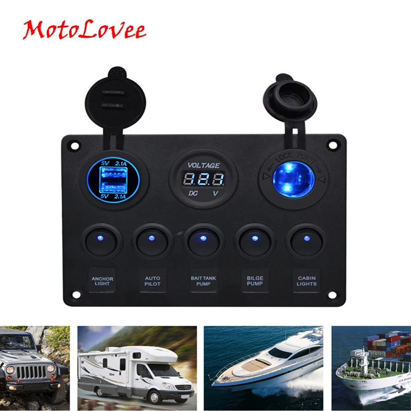 

MoroLovee Motorbike 5 Gang Toggle Switch Voltmeter 12V Cigarette Lighter Socket Power Outlet Panel Switches