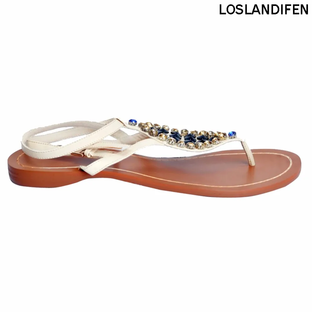 

2018 New Simple Summer Women's PU Leather Flat Gladiator Sandals Pearl Beach Wedding Strappy Flats Shoes XD219