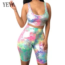 YEYA Casual Sports Tie-dyed Sleeveless Shorts Two Pieces Sets Jumpsuits Women Vintage Hollow Out Bodycon Playsuits Mono Mujer grey bodycon shorts with hollow design