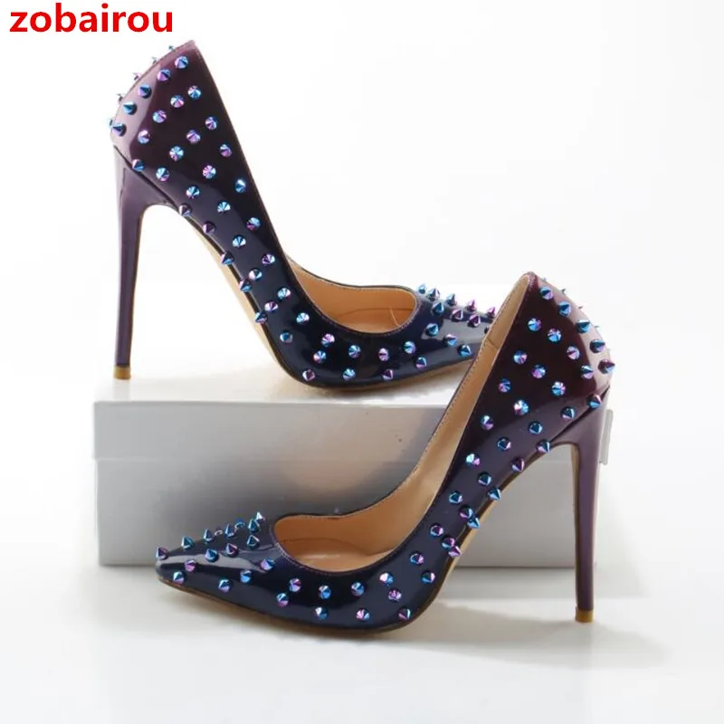 Luxe Haute Zobairou Brevet Designer Pompes Spikes Qualité Pointu Marque Sexy Orteil Cm 12 As Du Dégrader Show Talons Parti Femmes Chaussures De 5rr7ng