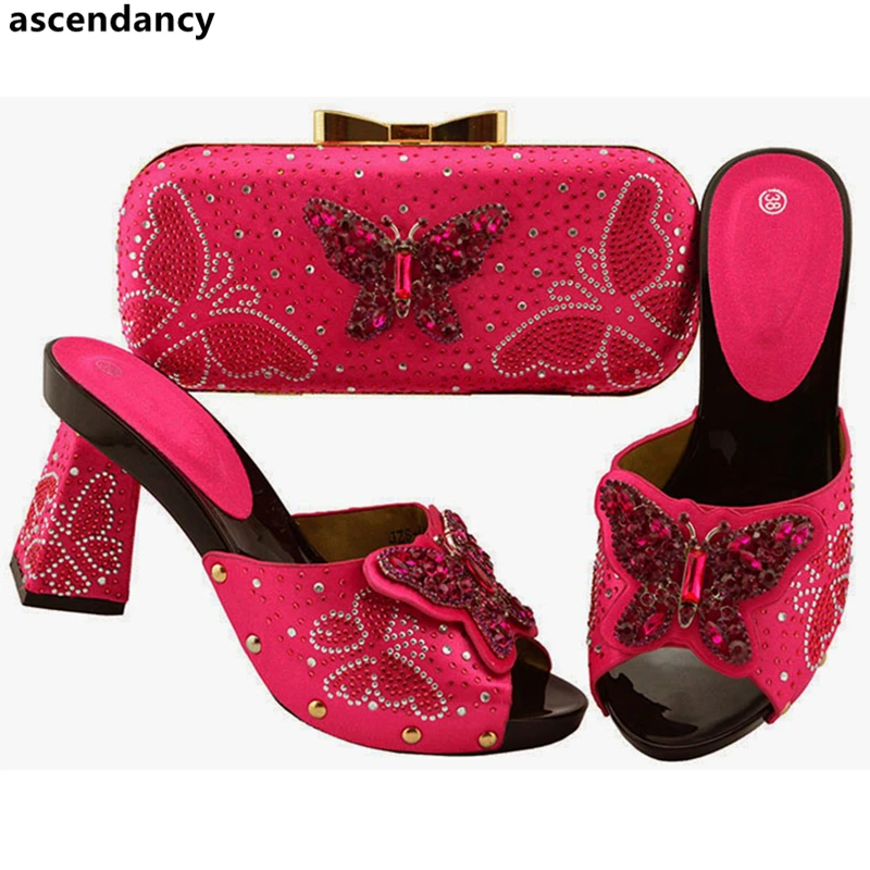 

New Arrival Sales In Women Matching Shoe and Bag Set Decorated with Rhinestone Women High Heels Italian Shoes with Matching Bag