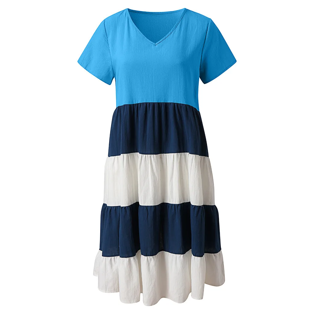 JAYCOSIN Женская мода полосатый короткий рукав короткое платье v-образный вырез летнее свободное платье повседневное удобное богемное платье 711