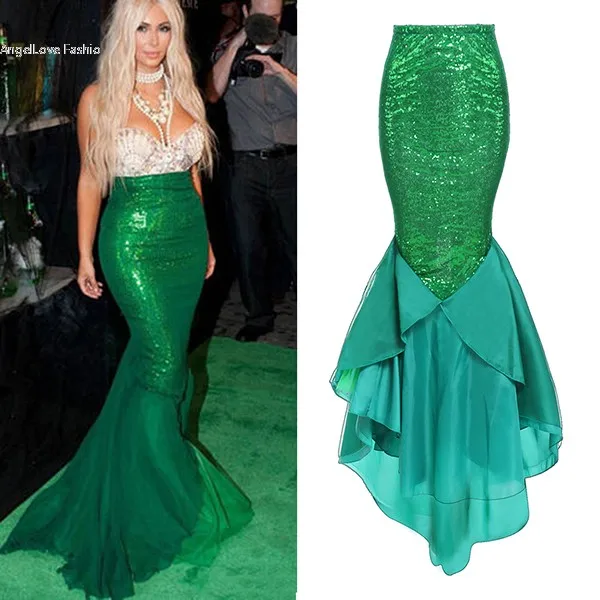 women halloween costume mermaid fish tail skirt high waist sequins asymmetrical bodycon maxi long skirt evening