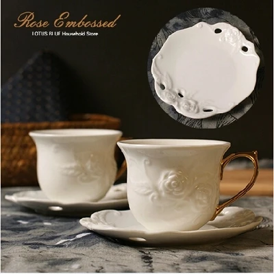 

Embossed Roses European Style coffee cup saucer Set British black tea cup dish elegant noble white porcelian cup Free Shipping
