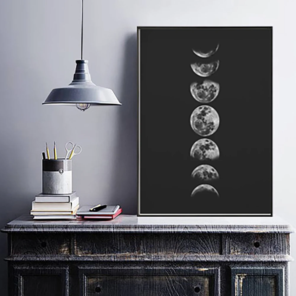 Full Moon Poster Art Black White Moon Phase Decor Painting Solar System Canvas Painting Decor No Picture Frame Home Gallery Deco