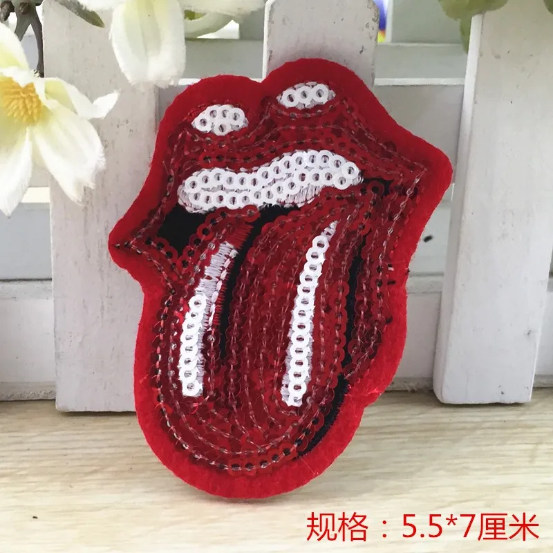 

Cartoon bright red mouth tongue patches Hot melt adhesive applique embroidery flower bag accessories patch DIY clothes shoes