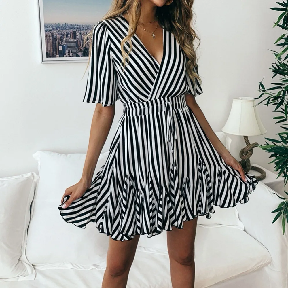 

Summer 2019 Women Striped Mini Dress Casual Short Sleeve Streetwear Elegant Lace Up Dress Ladies Loose Short Dresses Vesitdos
