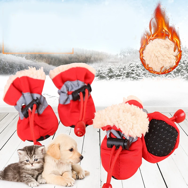 4 шт., непромокаемые зимние ботинки для собак, Нескользящие ботинки для дождливой погоды, толстые теплые ботинки для маленьких кошек, собак