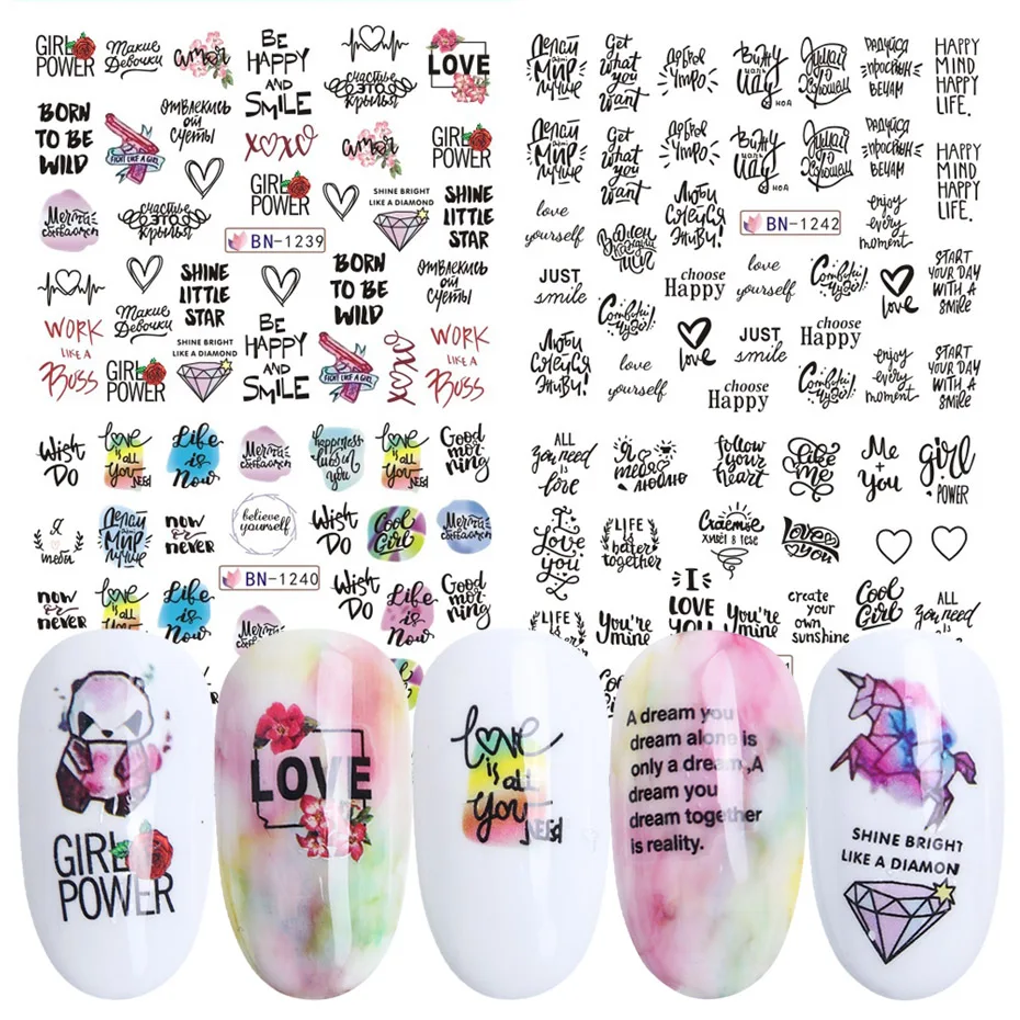 1pcs Stickers On Nails Letter Design Water Sliders Black Abstract Line Image Nail Art Transfer Decal Manicure Tips JIBN1237-1242