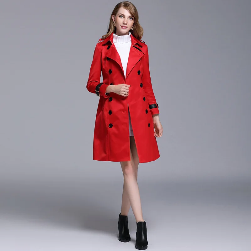 2017 Women Long Trench Coats Newest Autumn Double Button Red Trench