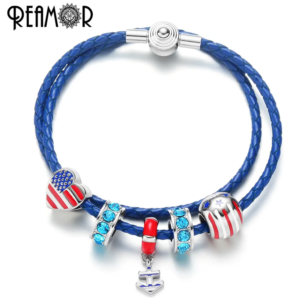 REAMOR Navy Blue Genuine Leather Bracelets Women Anchor Charm Bracelets Heart American Flag Blue CZ Bracelets Jewelry Love USA