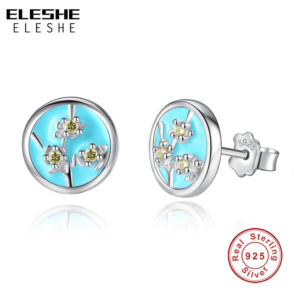 ELESHE Romantic Blue Enamel Apricot flower Stud Earrings for Women Authentic 925 Sterling Silver Earrings Fashion Jewelry Bijoux