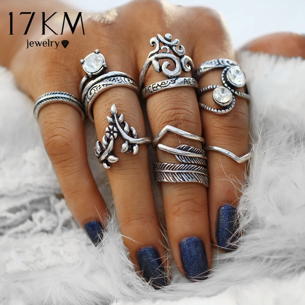 

17KM Vintage Silver Color Knuckle Rings Carving Antique Hollow Flower Leaves Crystal Rings Party Jewelry for Women 8 PCS/Lot