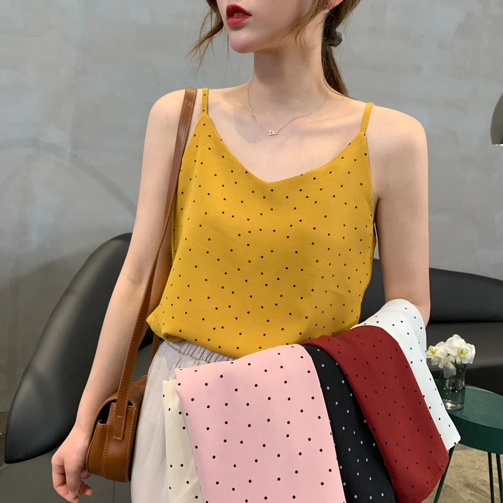 

2019 Summer Fresh Style Chiffon Camis Women Fashion V Neck Sleeveless Backless Dot Print Adjust Tanks Female Sexy Bottom Top Tee