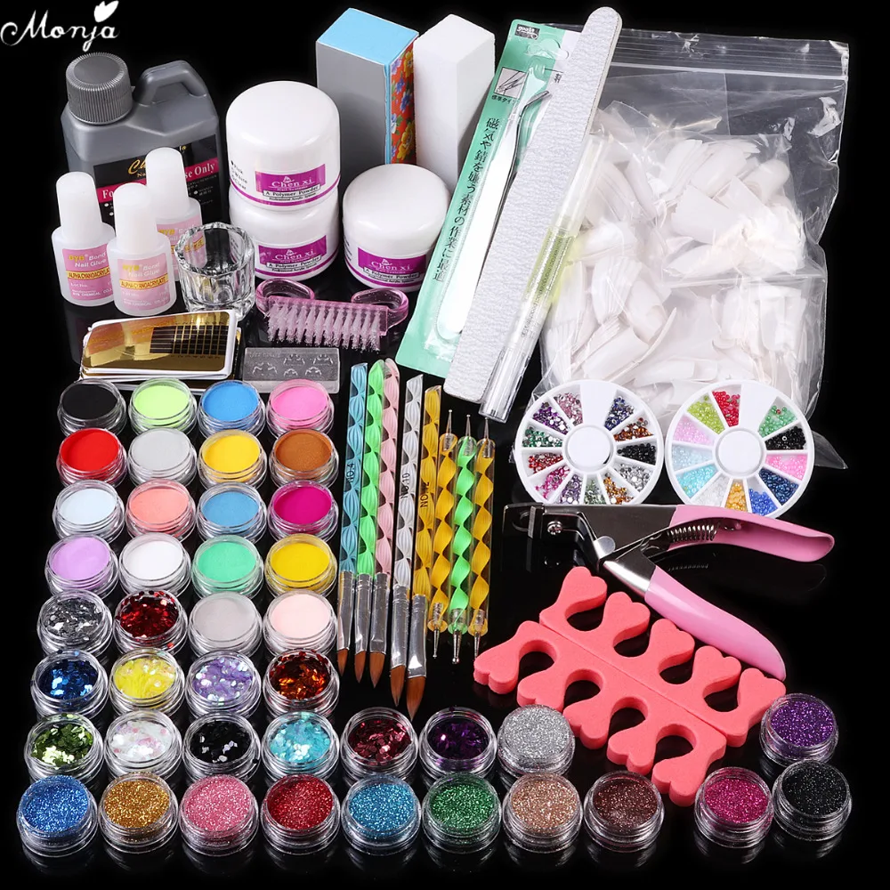 42 color Nail Art Glitter Powder Sequins Acrylic Powder Liquid Brush Glue Dotting Pen Tweezer Rhinestones Buffer Block Kit set