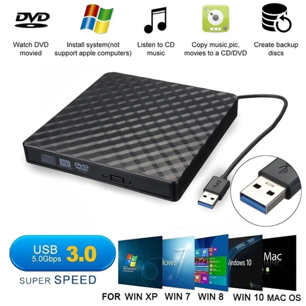 Портативный USB 3,0 внешний CD-RW Писатель Привод горелки DVD/CD ридер плеер с USB кабели для Mac PC ноутбук