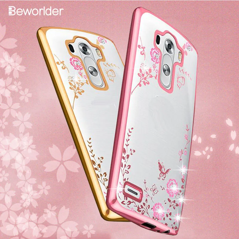 Beworlder For LG G3 Case Silicone Bling Diamond Secret Garden Rhinestone Soft TPU Gold Plating Phone Back Cover Transparent |
