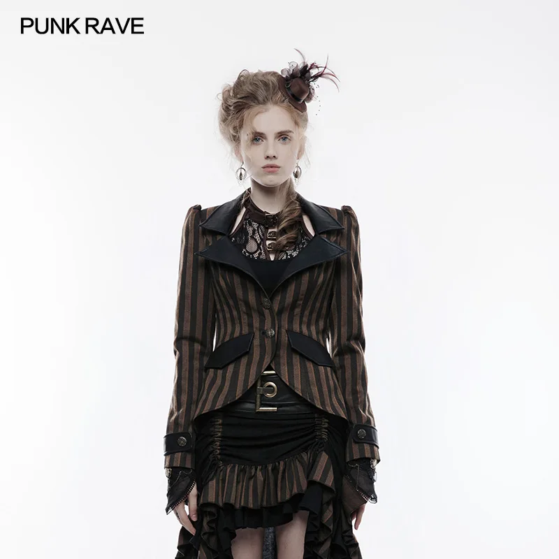 

PUNK RAVE Women Jackets Steampunk Striped with Leather Swallowtail Vintage Jacket Formal Party Suit Stage Performance Jacket