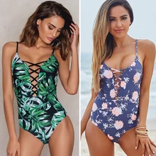 Сексуальный цельный купальник с глубоким v-образным вырезом, купальник с принтом листьев, купальник с пуш-ап, монокини, боди на бретельках, Maillot De Bain Femme, купальный костюм