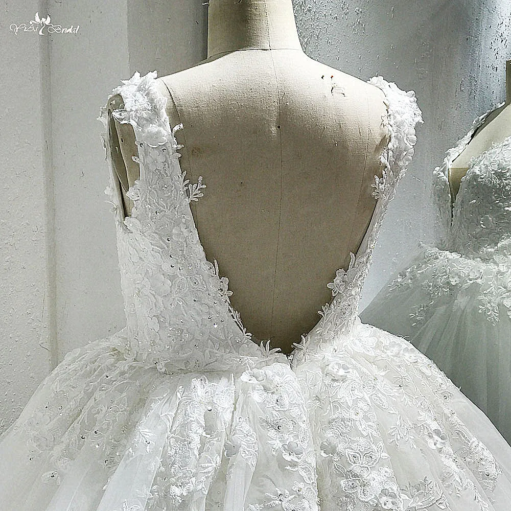 RSW1497 роскошный платья со шлейфом 3D Florals V образным вырезом плюс размеры Свадебные платья