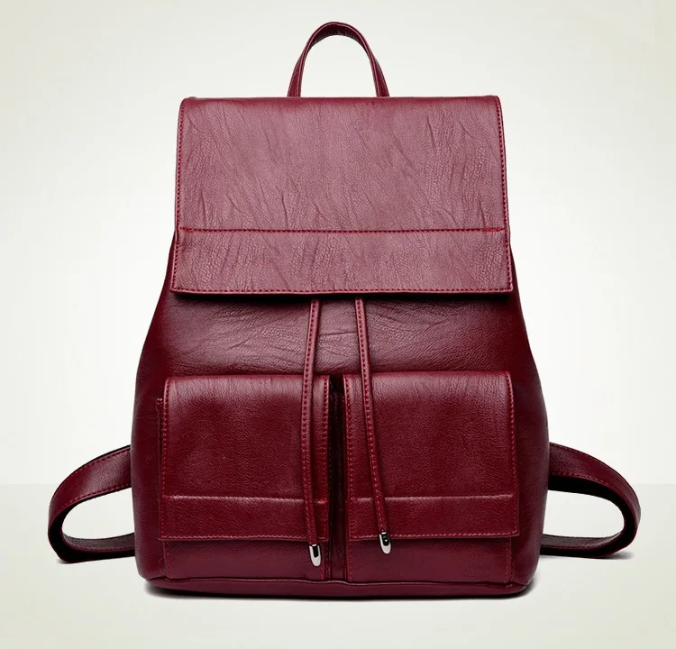MJ Women Leather Backpack Solid PU Leather Travel Bag Branded Design Female Large School Bag for Girls High Capacity Drawstring (15)