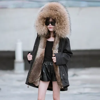 

Children's Clothing Snow Wear Cotton Jacket Cold Winter Black Long Coat Female Girl Rabbit Fur Liner Hooded Parker Kids Coat