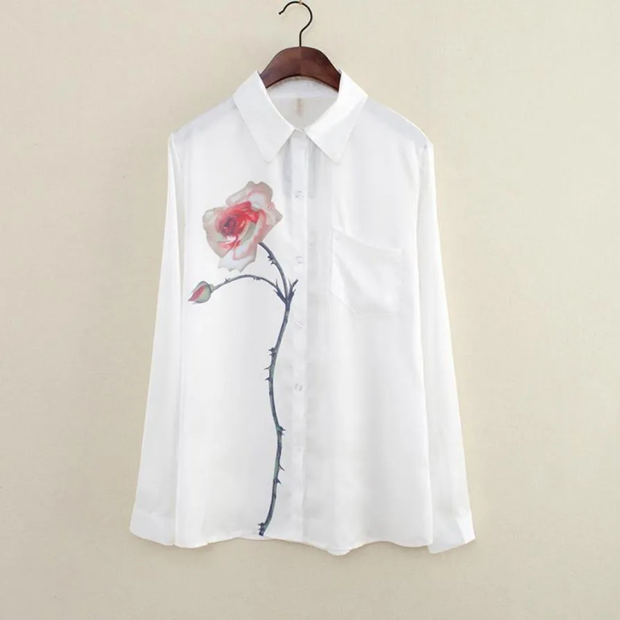 Женская блузка, рубашка, повседневная, модная, белая, с длинным рукавом, с розами, блузка с отложным воротником, шифоновые рубашки 5,23