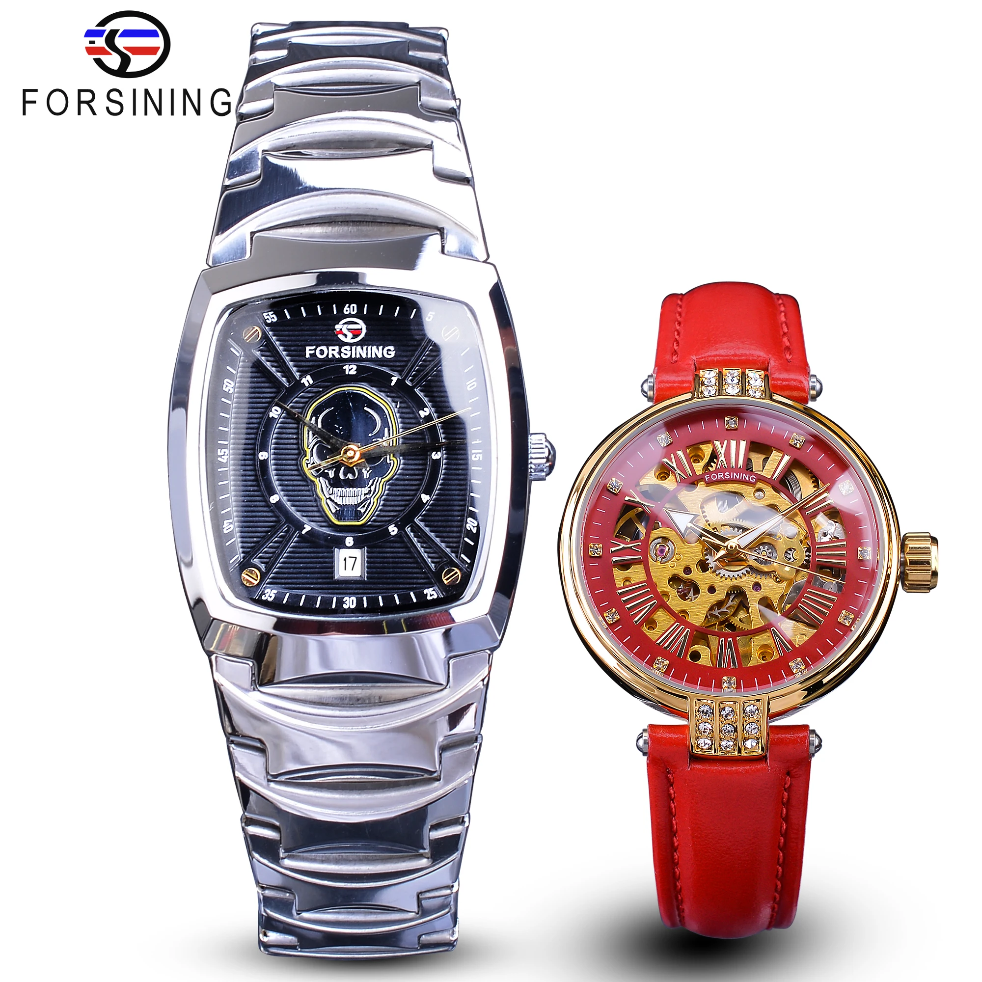 

Forsining Couple Watch Set Combination Men Ghost Skull Rectangle Date Steel Band Quartz /Women Red Leather Mechanical Watches