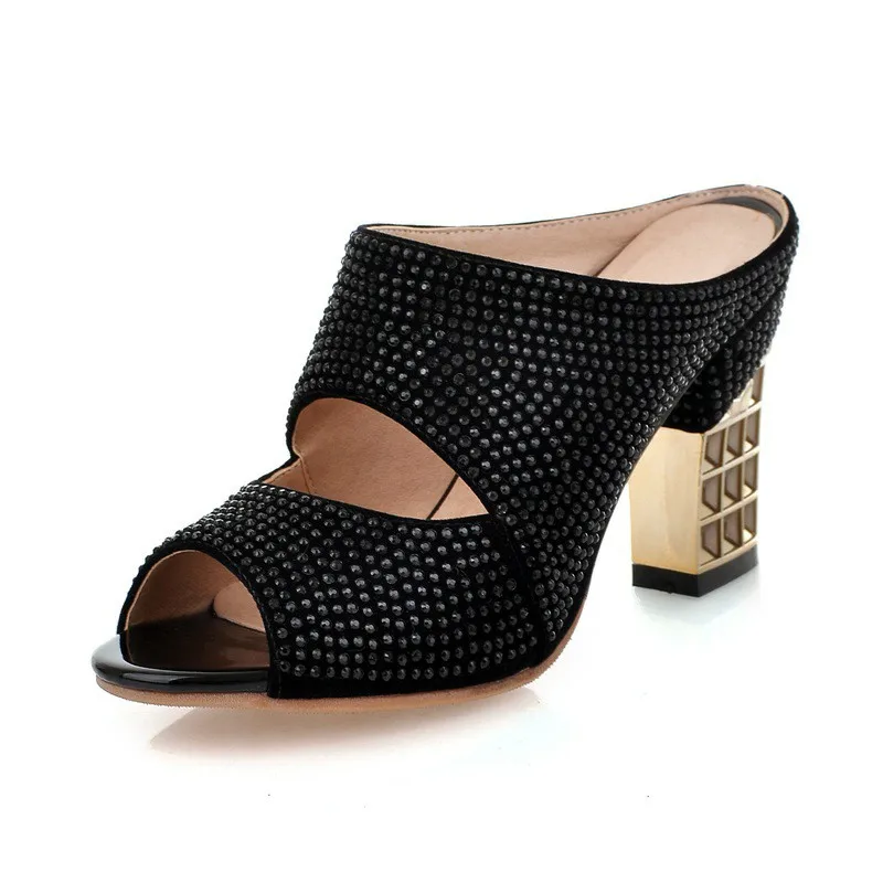 KARINLUNA/ г. Большие размеры 34-43, женские Босоножки с открытым носком, украшенные кристаллами пикантная женская обувь на высоком каблуке, без шнуровки, серебристого, черного, золотого цвета - Цвет: Черный