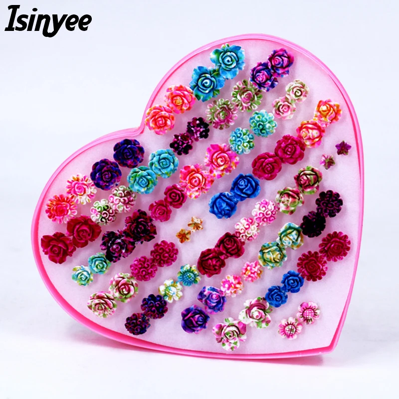 

ISINYEE Fashion Rose Flower Stud Earrings Set For Women Little Girl Trendy Plastic Small Earring Jewelry 36 pairs Randomly Mixed