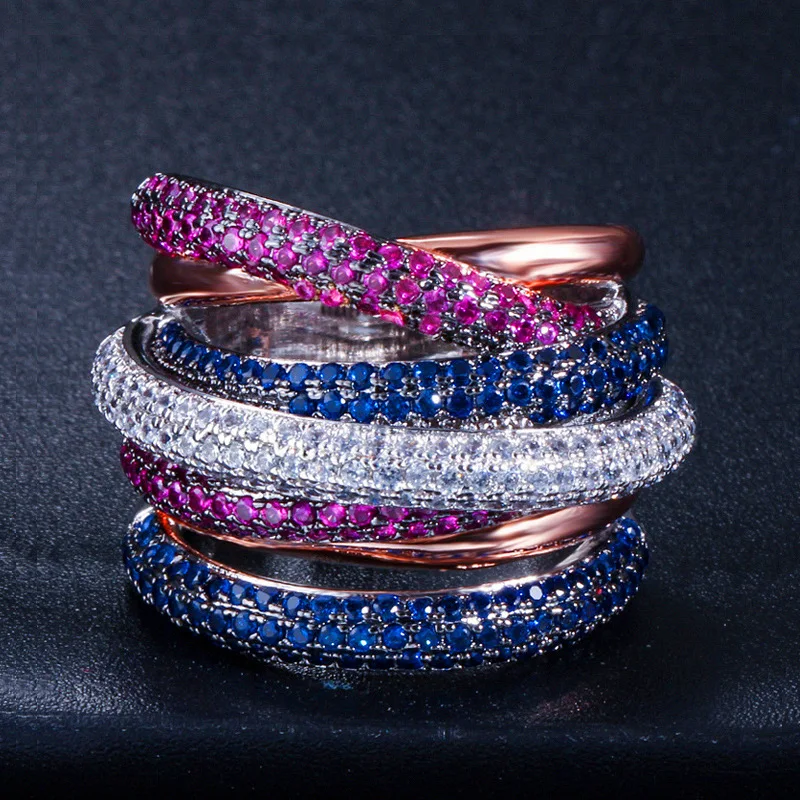

European and American personality creative ring micro set five row AAA grade zircon ring color anti - allergy