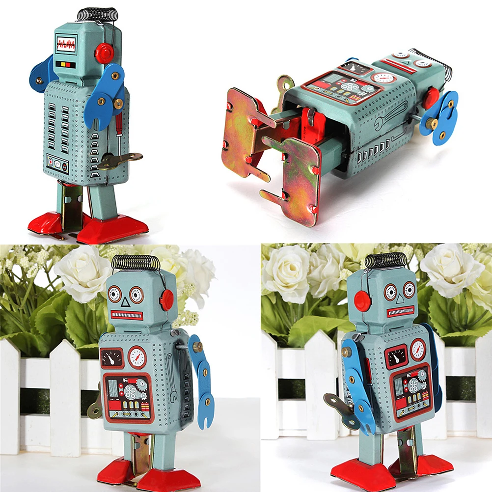 2 stücke Retro Wind Up Walking Roboter Clockwork Mechanische Zinn Spielzeug 