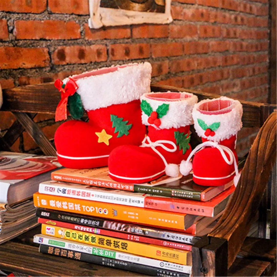 S/M/L Red Christmas Flocking Boots Socks Candy Box Christmas Tree Decoration Home Ornaments Laser Package Supplies