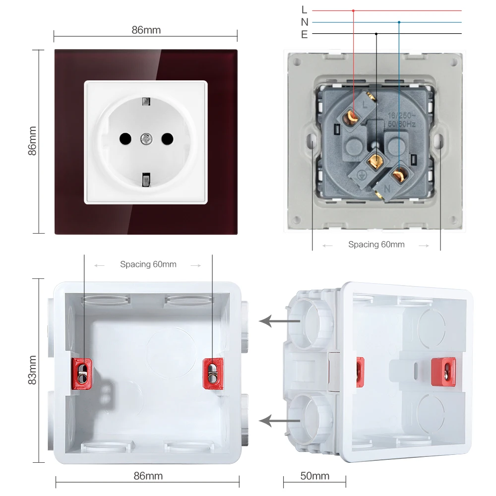 SRAN стены кристалл стекло панель Разъем питания заземлен, 16A ЕС Стандартный электрическая розетка 86 мм* 86 мм