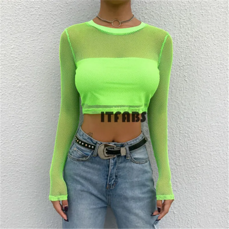 

Women green Hollow Mesh Net short T-Shirt Long Sleeve Tee Tops Transparent mesh crop tops lady Clubwear streetwear Tee tops