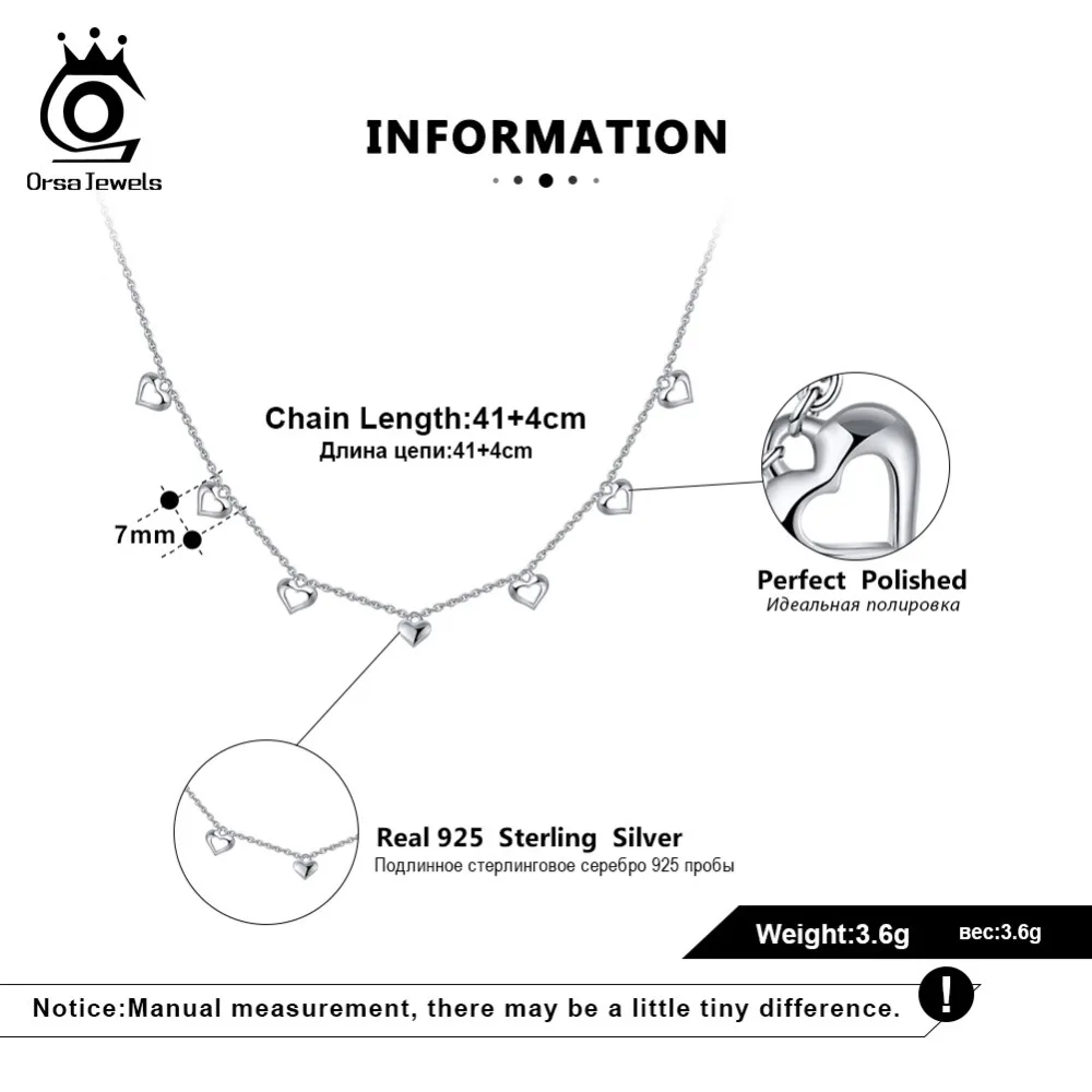 ORSA JEWELS 925 пробы Серебряное ожерелье с подвеской s для женщин в форме сердца серебряные Чокеры ожерелье для свадебной девушки ювелирные изделия подарок OSN120
