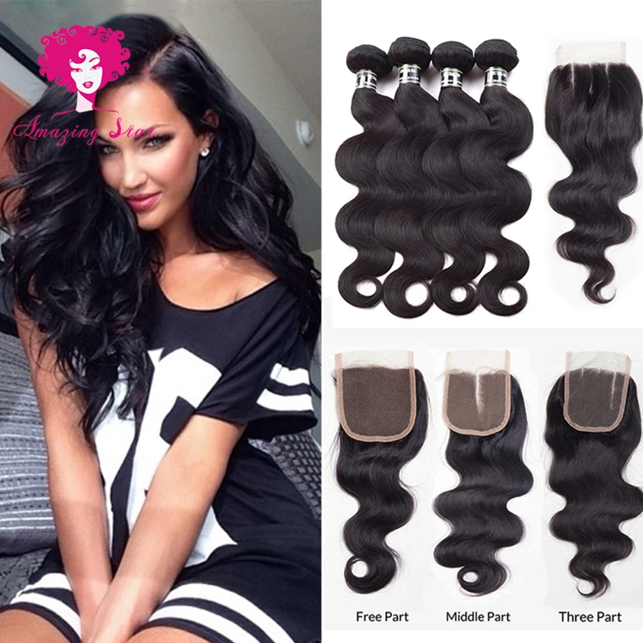 Peruvian Virgin Hair 4 Bundles with Closure Good Quality Rosa Products Body Wave Amazing Company |