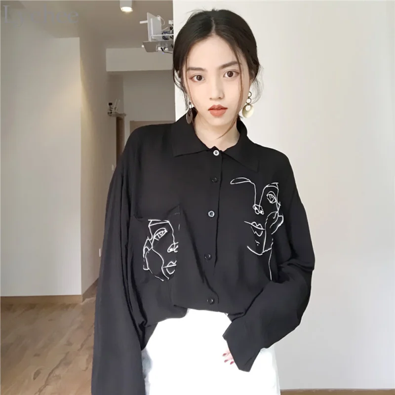 Koop Lychee Lente Herfst Vrouwen Blouse Gezicht Print Casual Losse Lange Mouwen Vintage Brlusa Tops